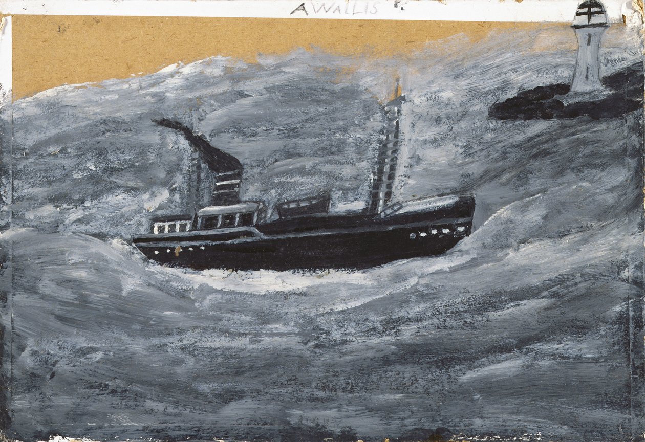Trawler a molo (olej na kartě) od Alfred Wallis