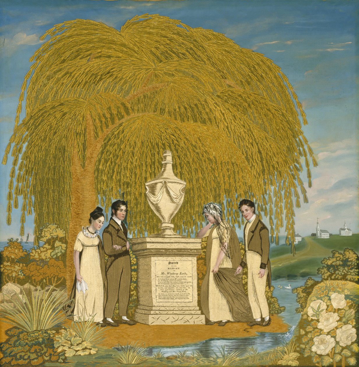 Pamětní vyšívaný obrázek, c. 1815-1820 (hedvábný taft, hedvábné a hedvábné žinylkové nitě a akvarely) od Almira attr.to Earle