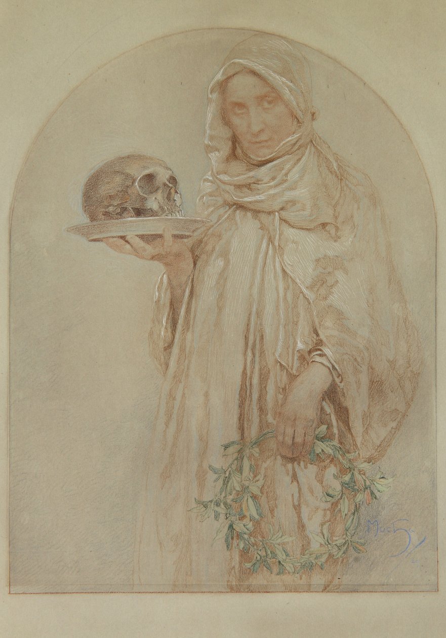 The Skull, 1929 (pastel a inkoust na papíře) od Alphonse Mucha