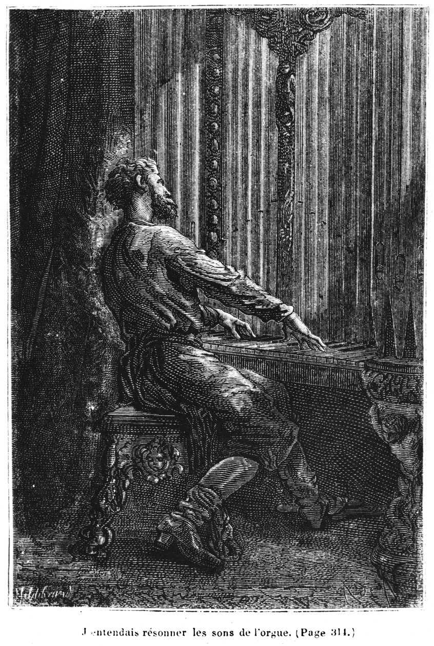 Kapitán Nemo hraje na varhany, ilustrace z knihy "20 000 mil pod mořem" od Julese Verna (1828-1905), vyryl Henri Theophile Hildibrand (1824-97) Paříž, Hetzel, vydáno 1877 ( od Alphonse Marie de Neuville