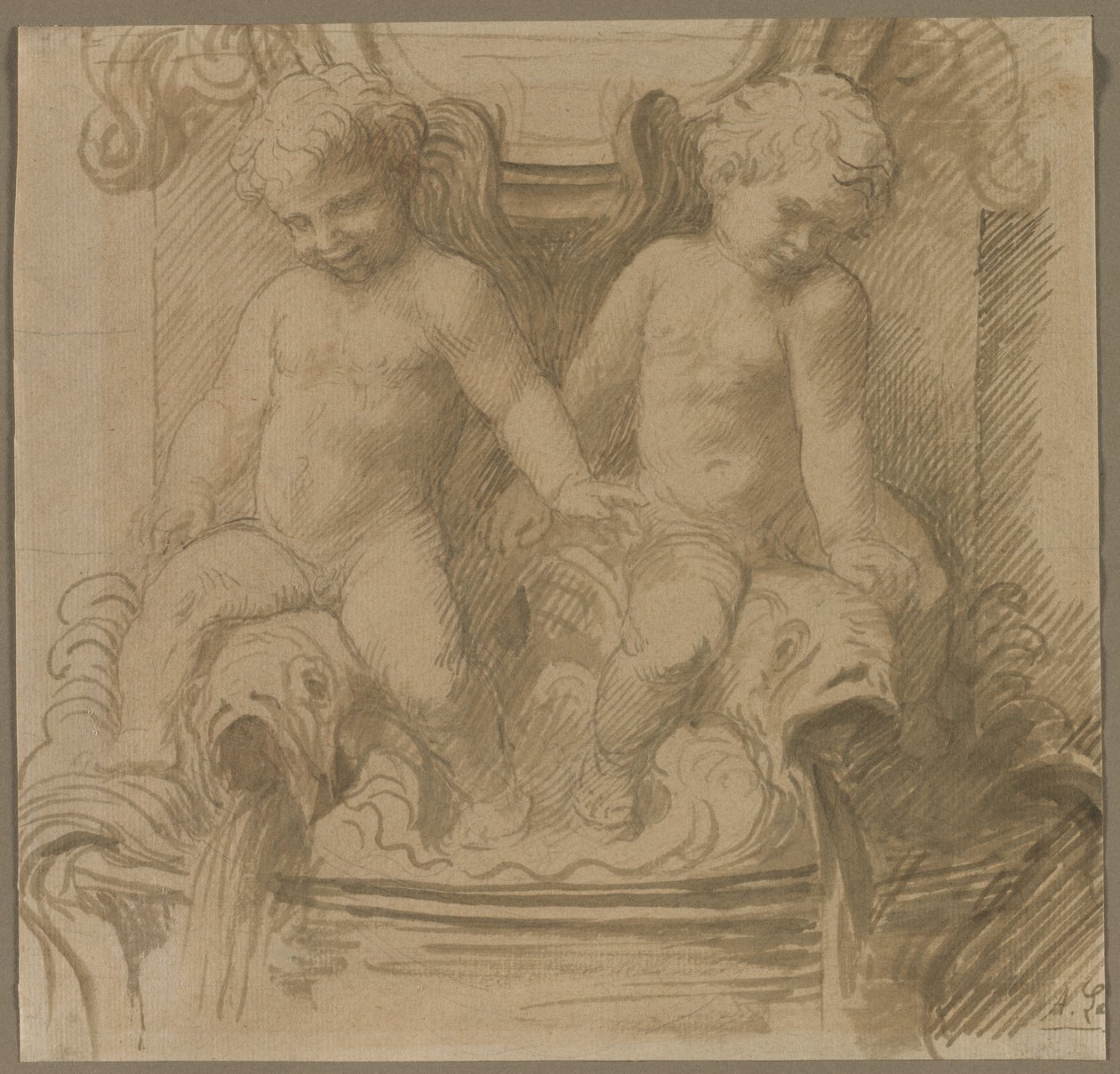 Fontána s putti jezdícími delfíny od Alphonse Legros