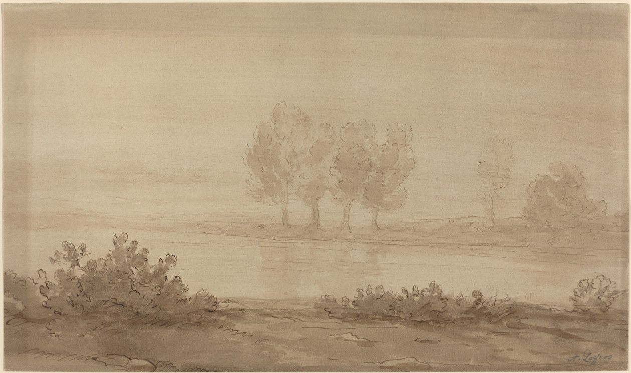 Krajina - čtyři stromy za řekou. od Alphonse Legros