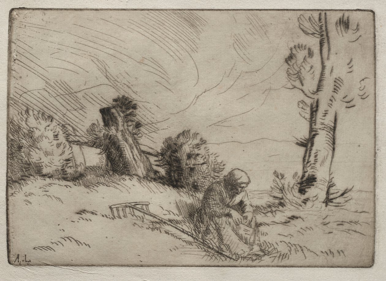 Rolnická žena sedící poblíž živého plotu od Alphonse Legros