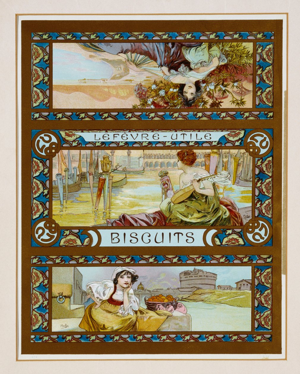 Plakát s reklamou na sušenky "Lefevre-Utile", kolem roku 1910 od Alphonse Mucha