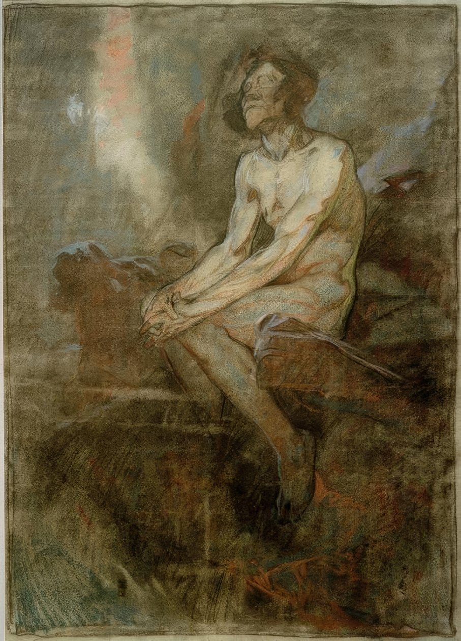 Mužský akt sedí na skále od Alphonse Mucha