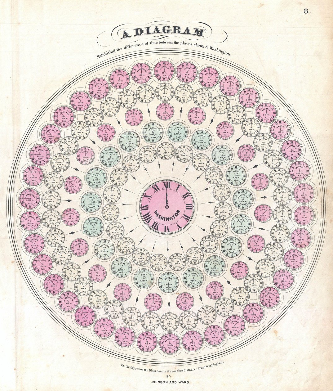 Diagram ukazující časový rozdíl mezi zobrazenými místy a Washingtonem od Alvin Jewett Johnson