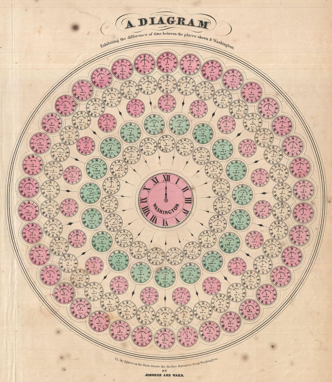 Diagram ukazující časový rozdíl mezi zobrazenými místy a Washingtonem od Alvin Jewett Johnson