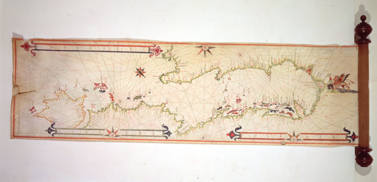 Miniaturní námořní mapa Jadranu, 1624 (pergamen) od Alvise Gramolin