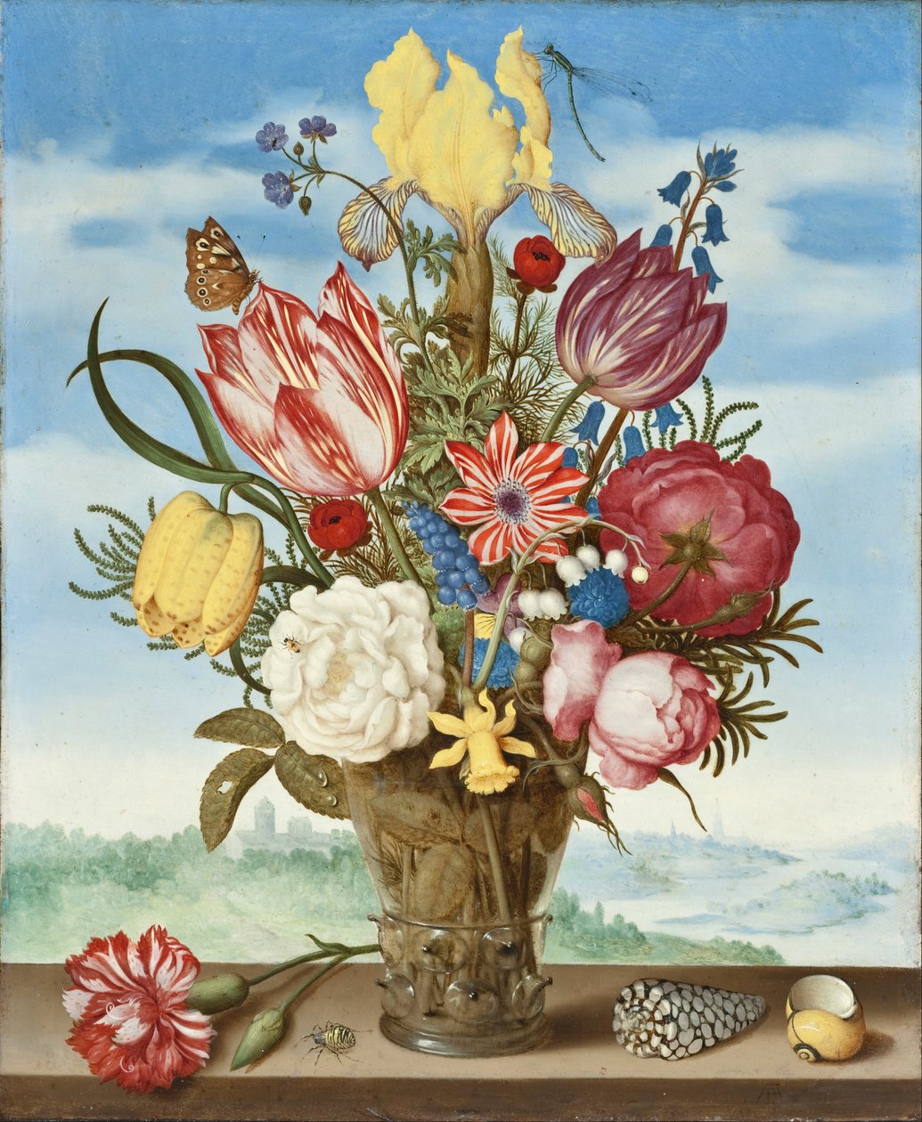 Kytice květin na římse od Ambrosius Bosschaert