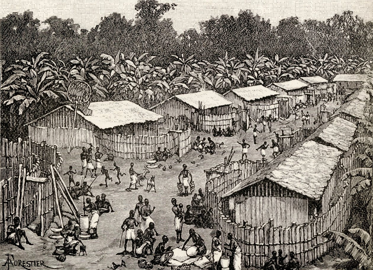 Pohled na vesnici Utiri, Tanzanie, 1890 (dřevoryt) od Amedee Forestier