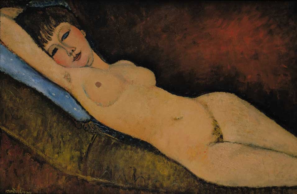 Nahá plenka s modrým polštářem od Amedeo Modigliani