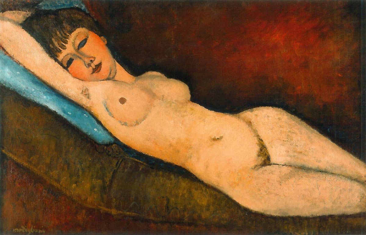 Nahá plenka s modrým polštářem od Amedeo Modigliani