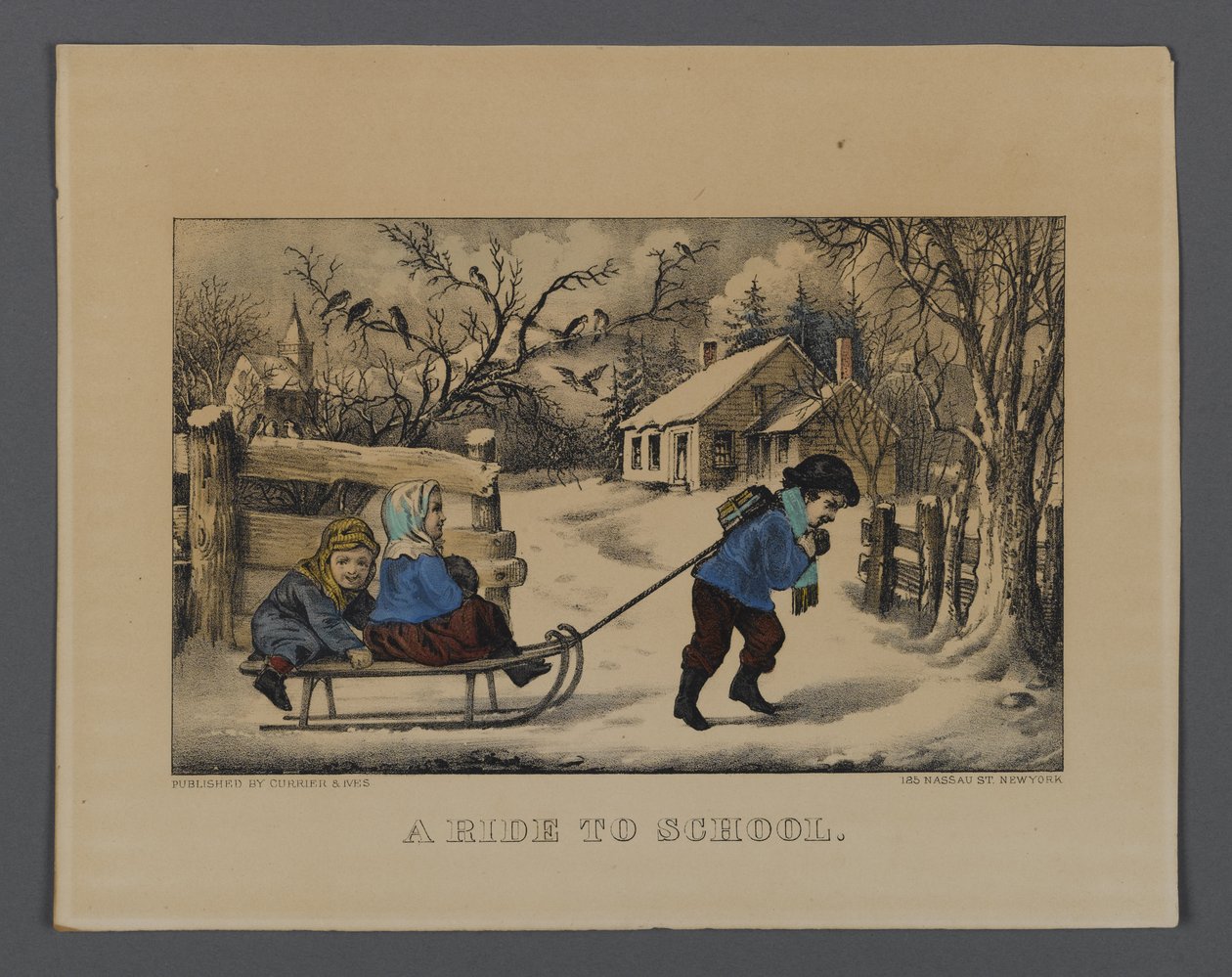A Ride to School, vydal Currier & Ives, New York (ručně kolorované litho) od American School