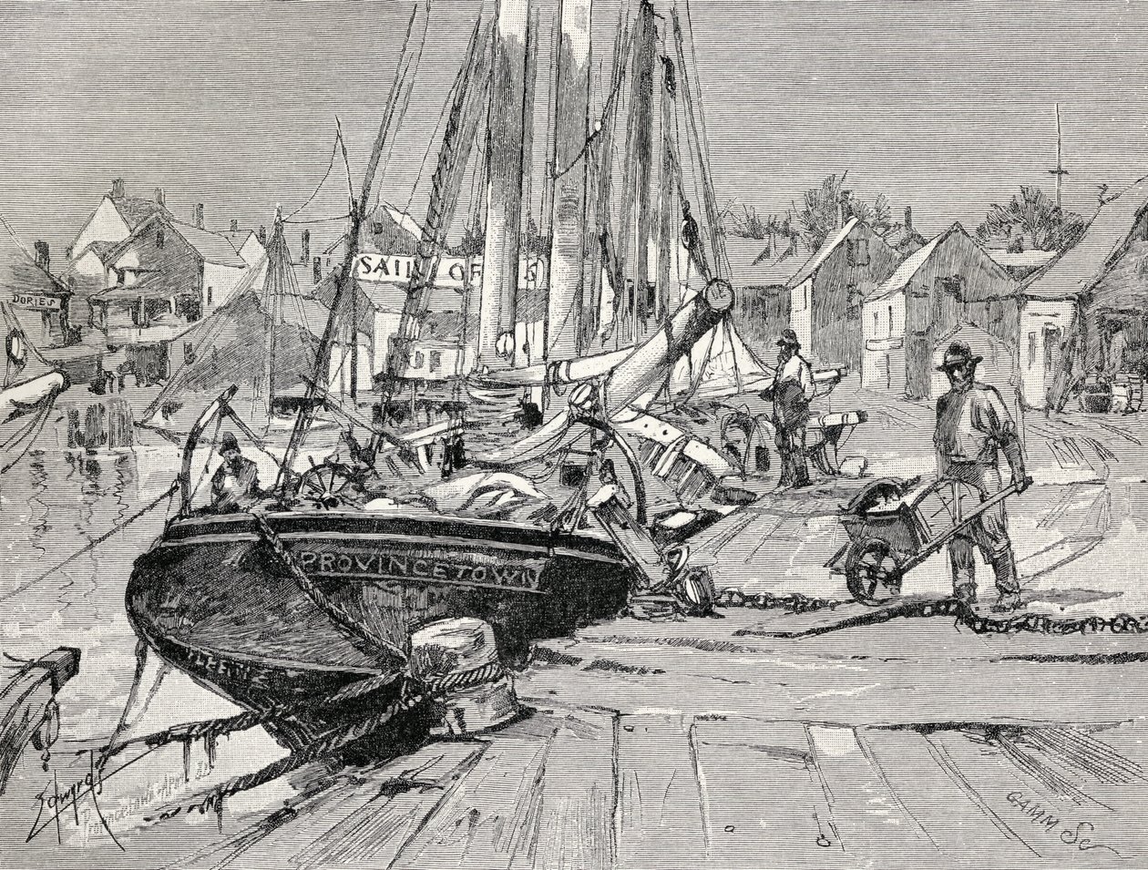 Central Wharf, Provincetown, Cape Cod, z časopisu "The Century Illustrated Monthly Magazine", květen až říjen 1883 od American School