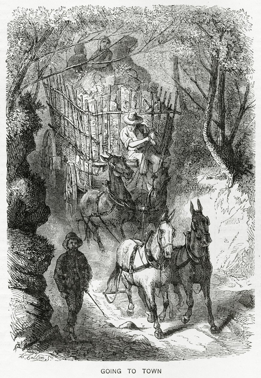 Going to Town, ilustrace k celovečernímu příběhu A Community of Outcasts, z Appletons Journal, 23. března 1872 od American School