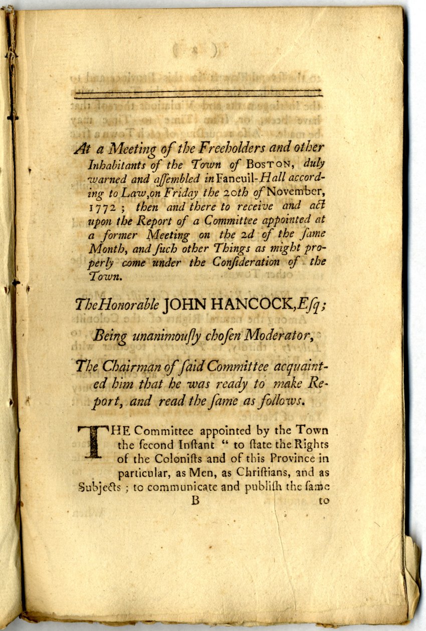 "Bostonský pamflet": Hlasování a jednání svobodných pánů a dalších obyvatel města Bostonu na shromáždění města v roce 1772. od American School