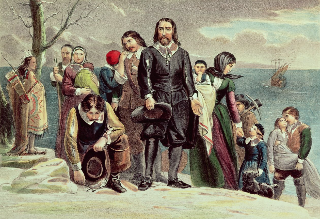 The Landing of the Pilgrims at Plymouth, Massachusetts, 22. prosince 1620 publikoval Currier und Ives (viz také 97927) od American School