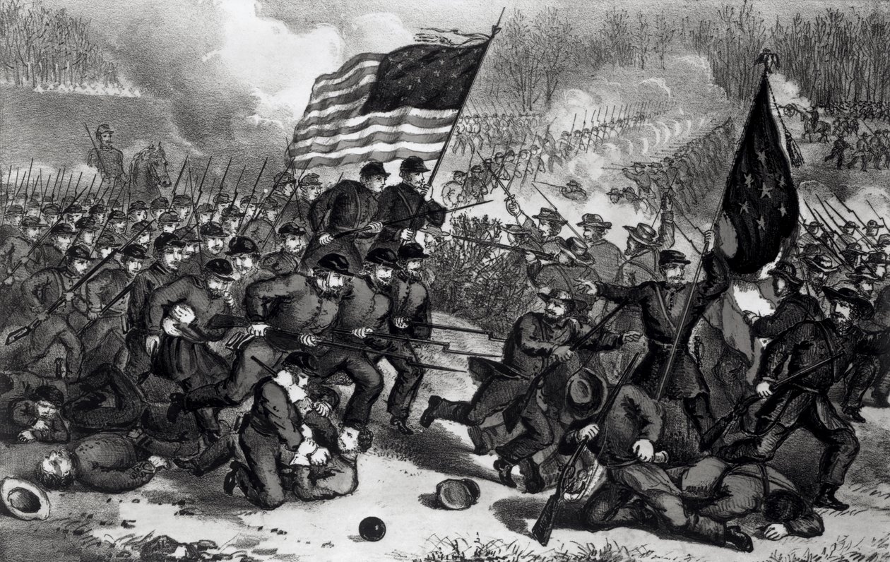 Druhá bitva u Bull Runu, která se odehrála 29. srpna 1862, vyd. Currier and Ives od American School