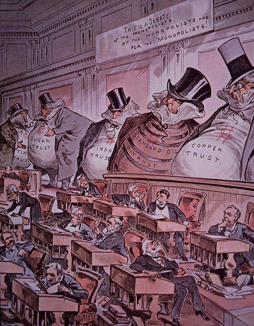 Protimonopolní karikatura „šéfů v Senátu“ od American School