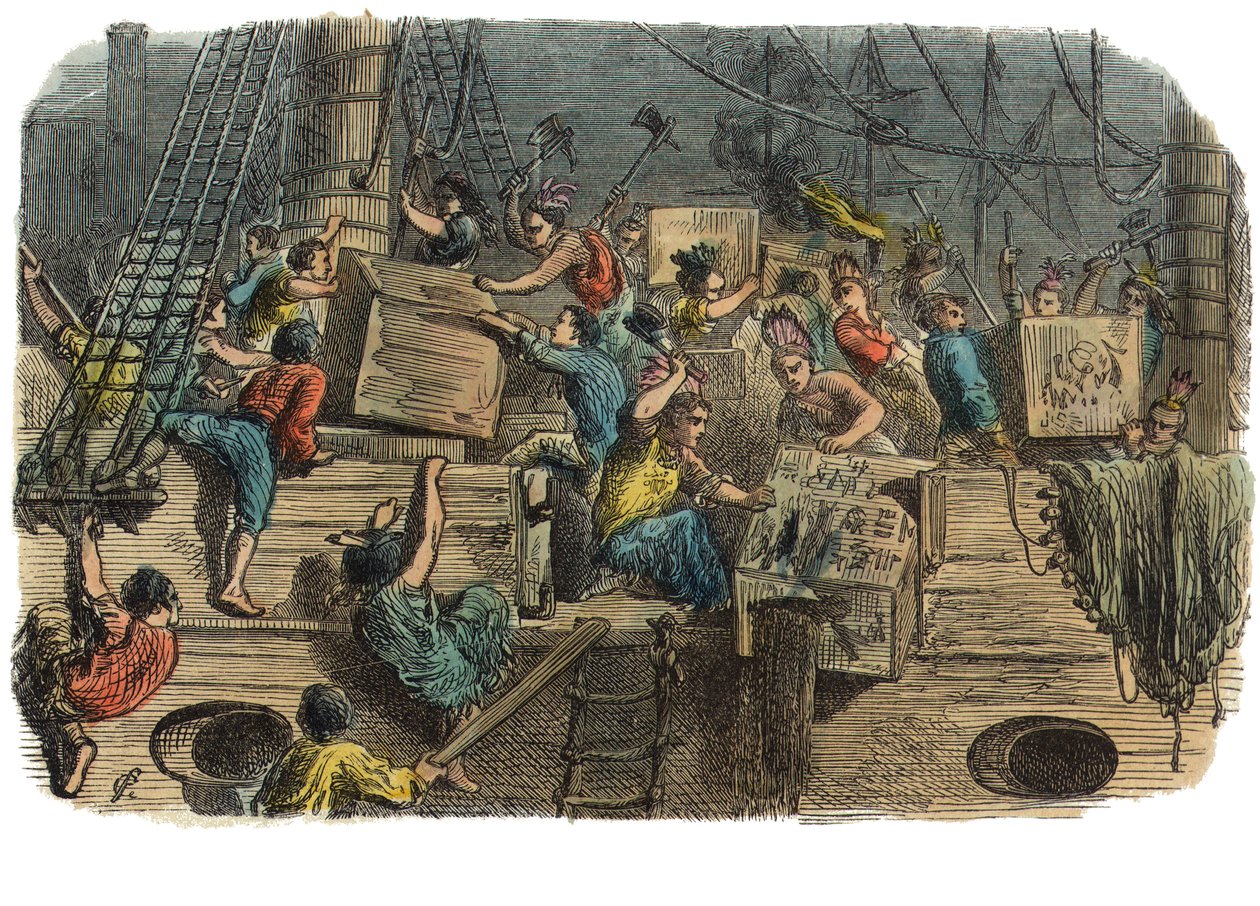 Boston Tea Party, cca 1860 (ručně kolorovaná rytina) od American School
