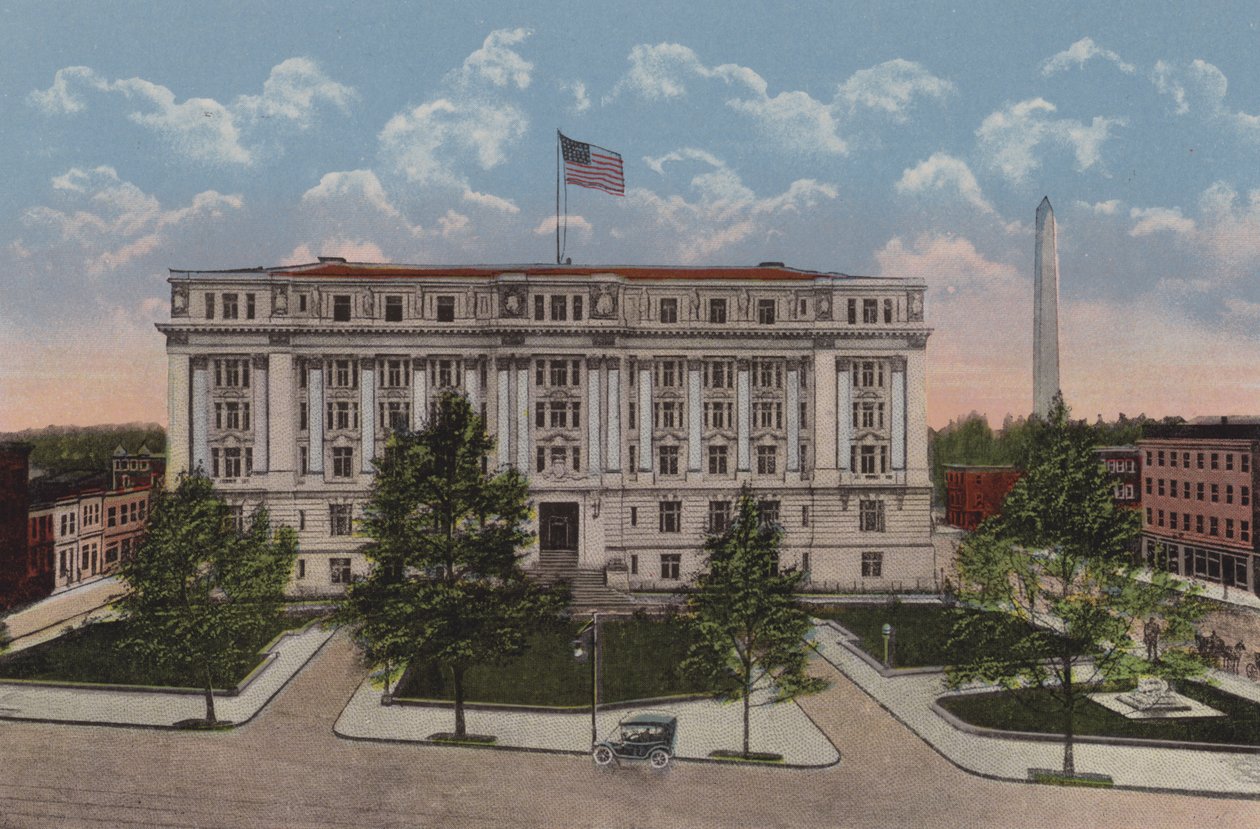 Městská budova, Washington DC (barevná litografie) od American School