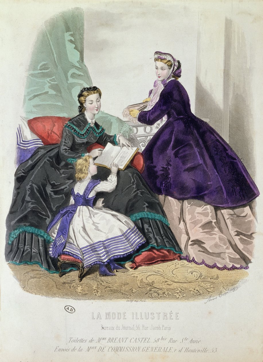 Módní deska s oděvy navrženými madame Breant-Castel z časopisu "La Mode Illustree", 1864 (barevná rytina) od Anais Toudouze
