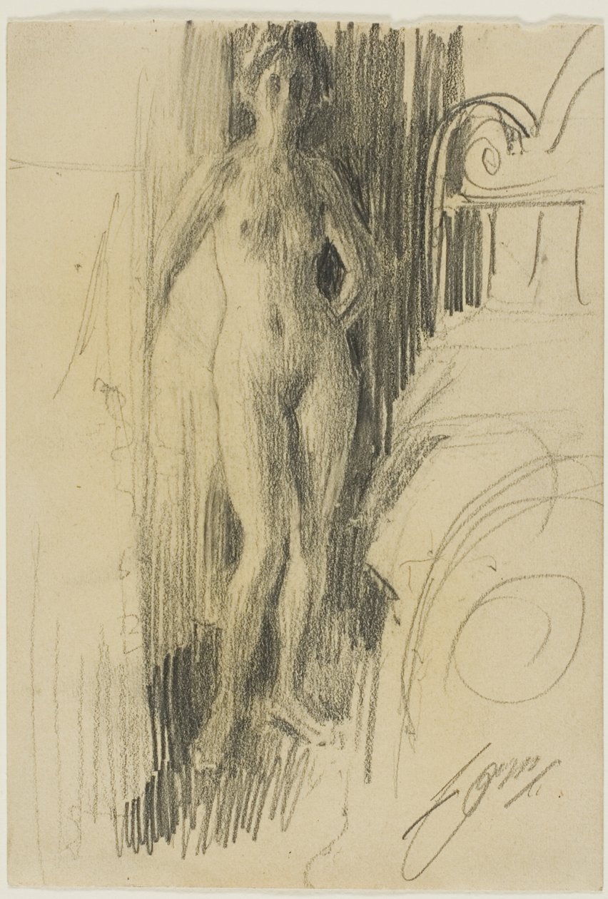 Nahá postava stojící poblíž postele od Anders Leonard Zorn