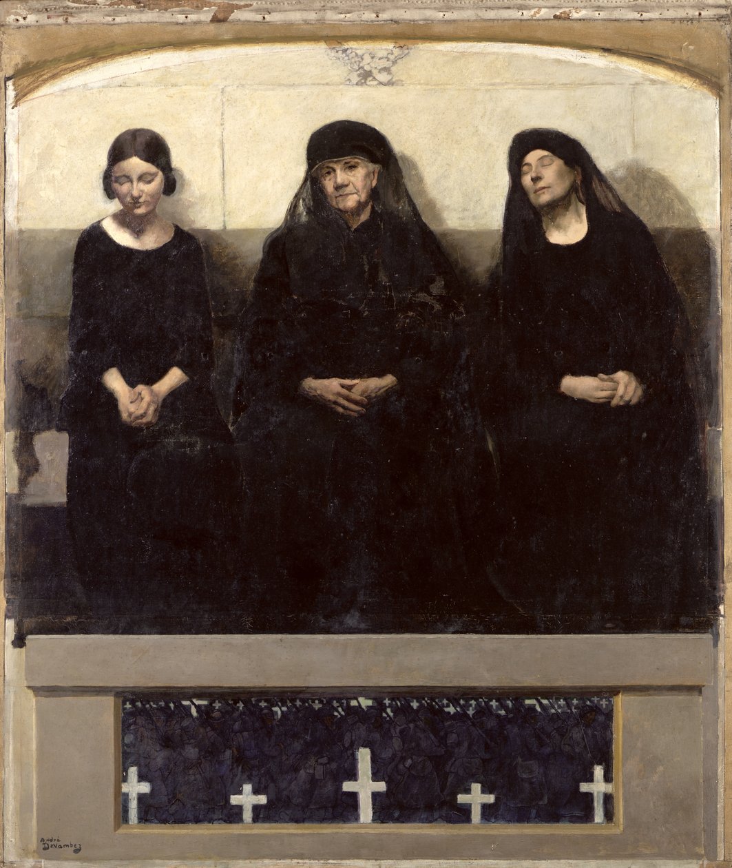 Tři ženy truchlící pro ztraceného, ústřední panel triptychu „Vzpomínání na mrtvé“, kolem roku 1918 (olej) od Andre Devambez