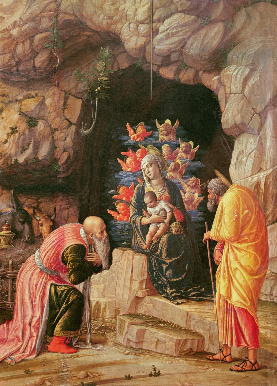 Triptych Klanění tří králů, detail klanění: Panna Maria, svatý Josef a moudrý muž, kolem 1466, (tempura na panelu) od Andrea Mantegna