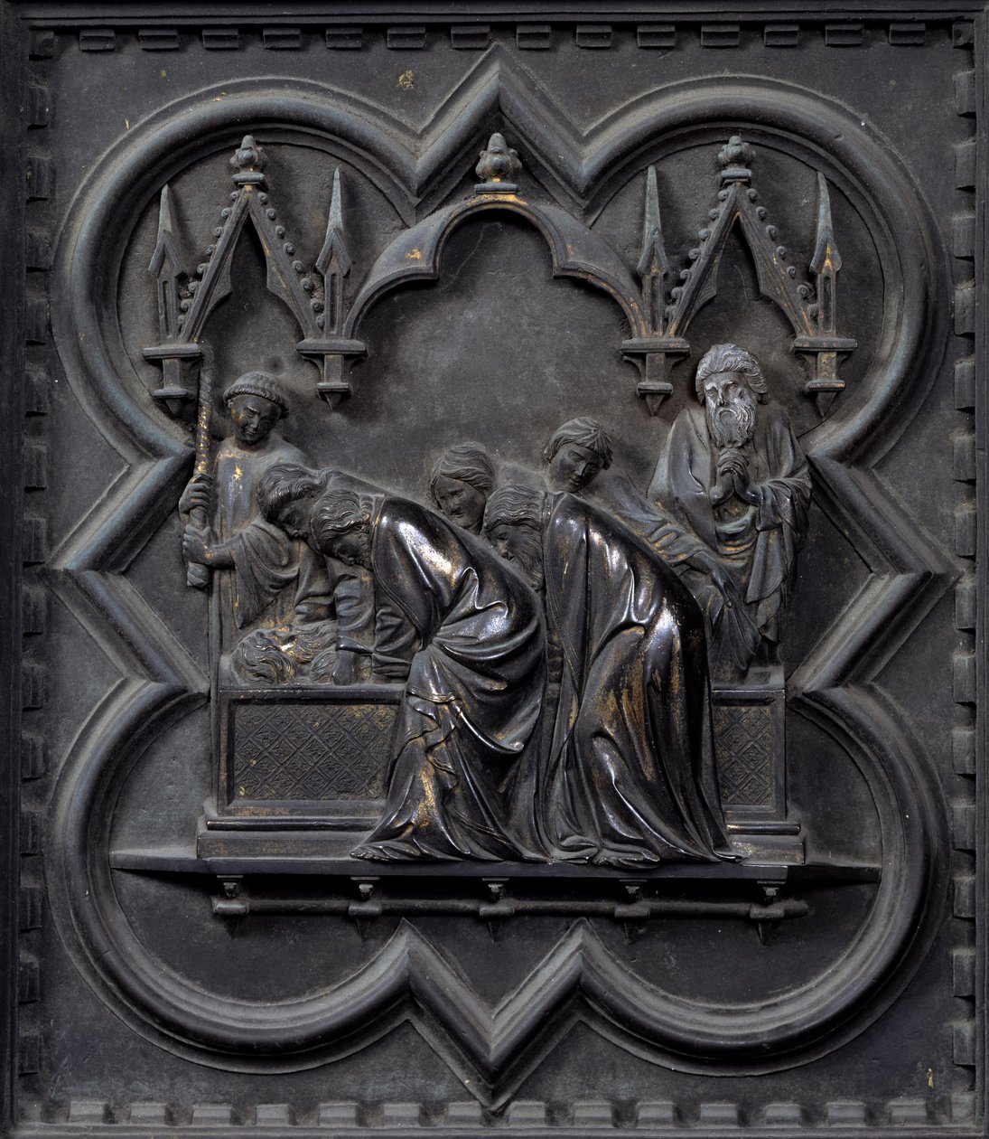 Pohřeb svatého Jana Křtitele, dvacátý panel jižních dveří baptisteria San Giovanni, 1336 (bronz) od Andrea Pisano