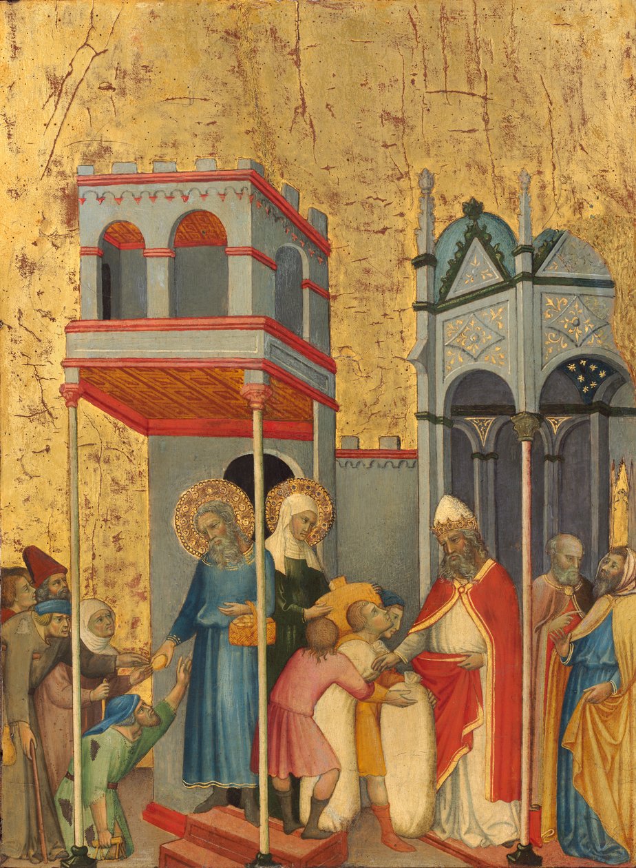 Joachim a Anna dávají jídlo chudým a obětiny chrámu, kolem 1400-5 (tempera na topolovém panelu) od Andrea di Bartolo