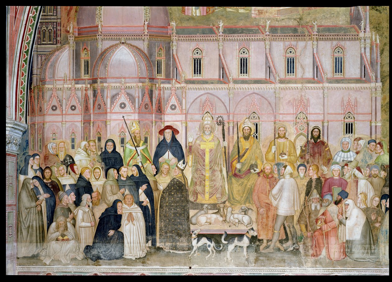 Církev militantní a vítězná, detail světských autorit se Santa Maria del Fiore v pozadí, ze Španělské kaple, c.1369 detail fresky z roku 31612 od Andrea di Bonaiuto