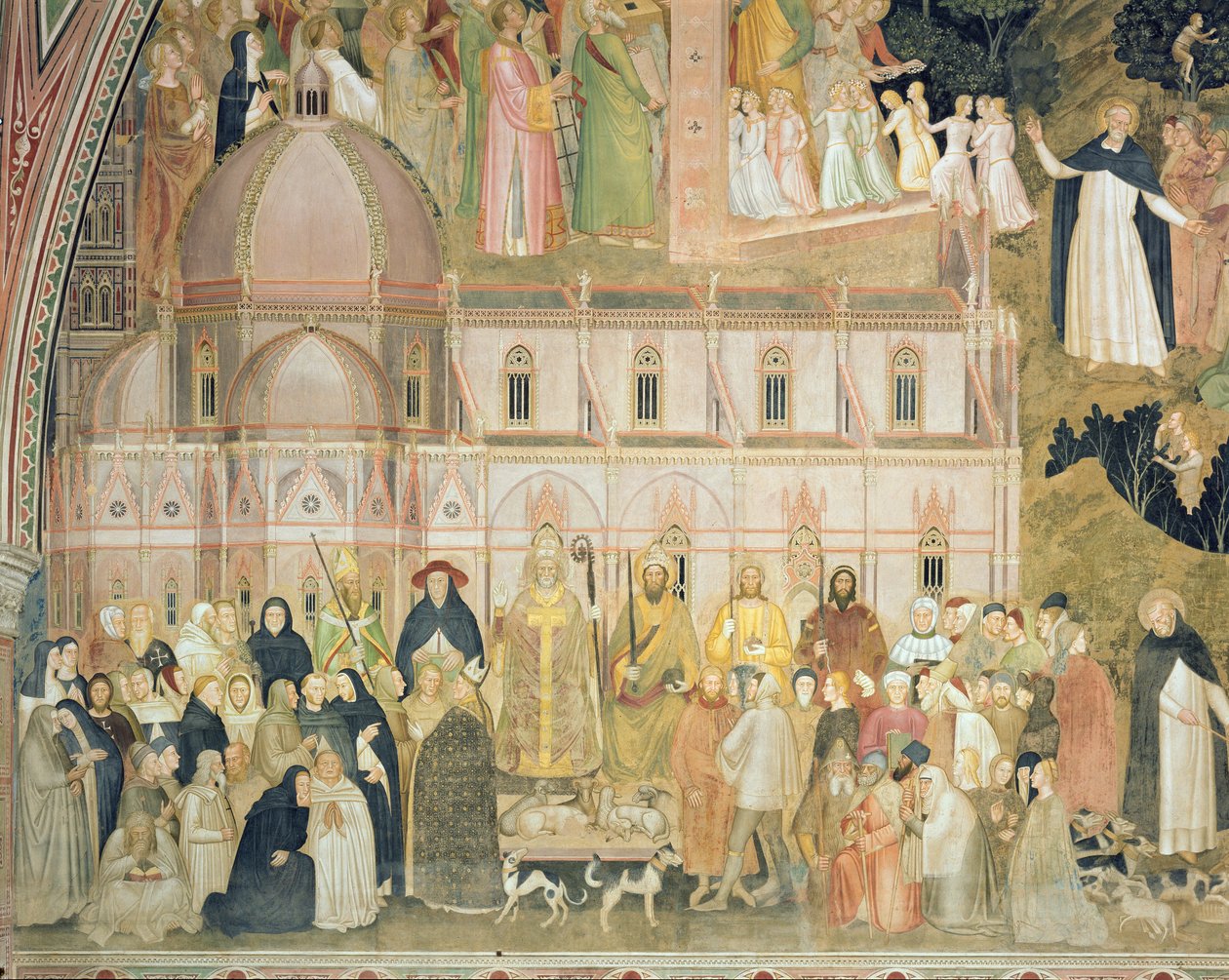 Církev militantní a vítězná, detail světských autorit se Santa Maria del Fiore v pozadí, ze Španělské kaple, c.1369 detail fresky z roku 31612 od Andrea di Bonaiuto