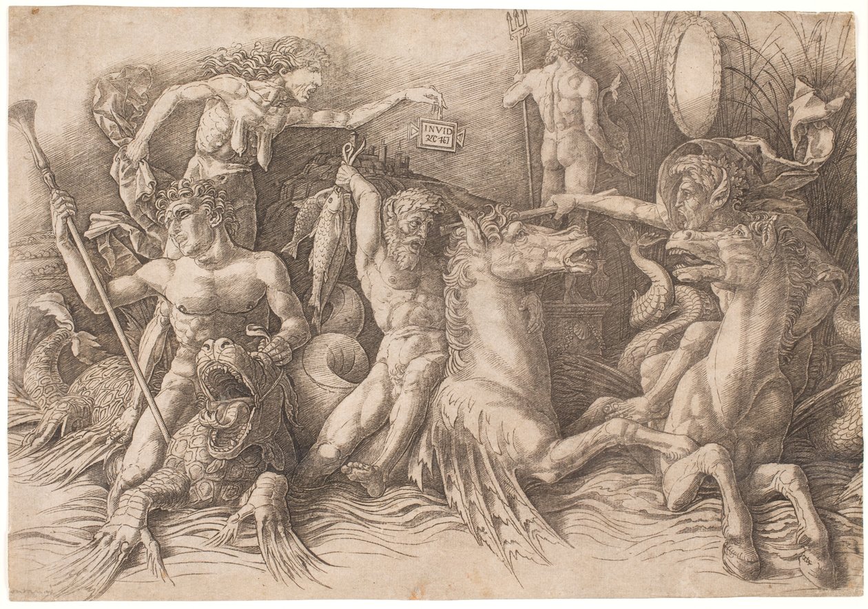 Bitva bohů moře, levá polovina od Andrea Mantegna