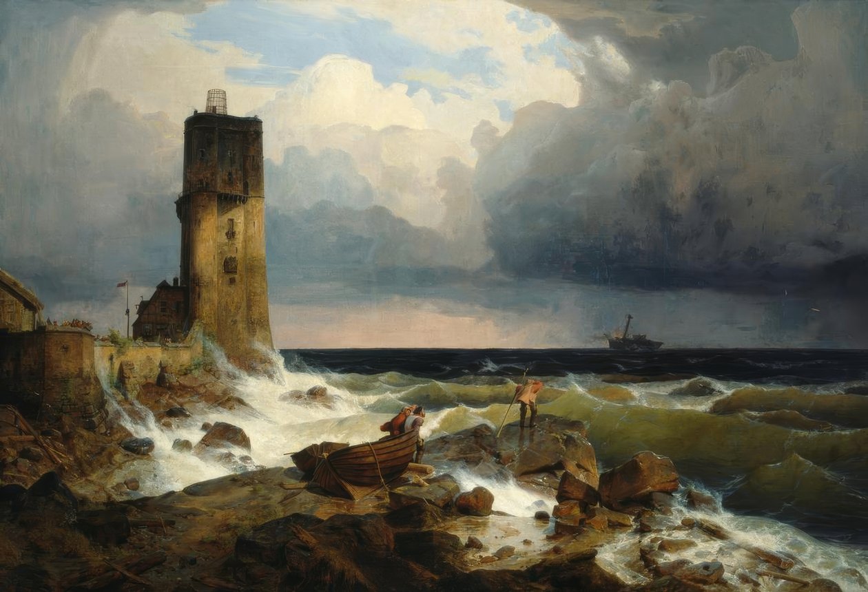A.Achenbach, velká námořní loď s majákem od Andreas Achenbach