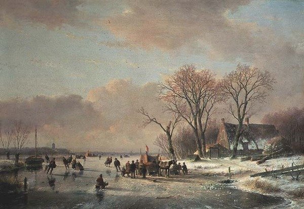 Zimní říční krajina s mnoha bruslaři od Andreas Schelfhout