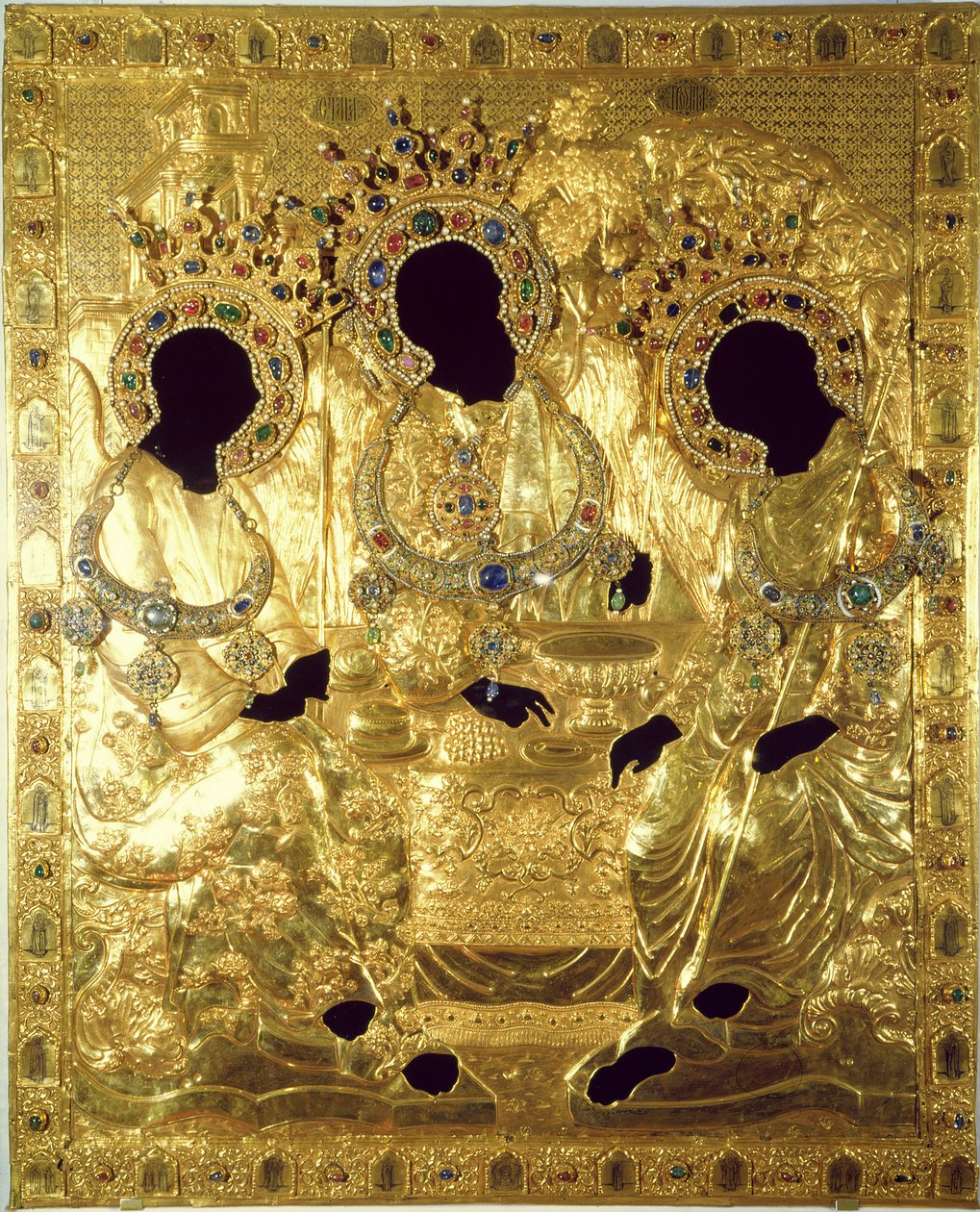 Oklad neboli obal ikony Nejsvětější Trojice (zlato a stříbro s drahými kameny a perlami) (detail) od Andrei Rublev