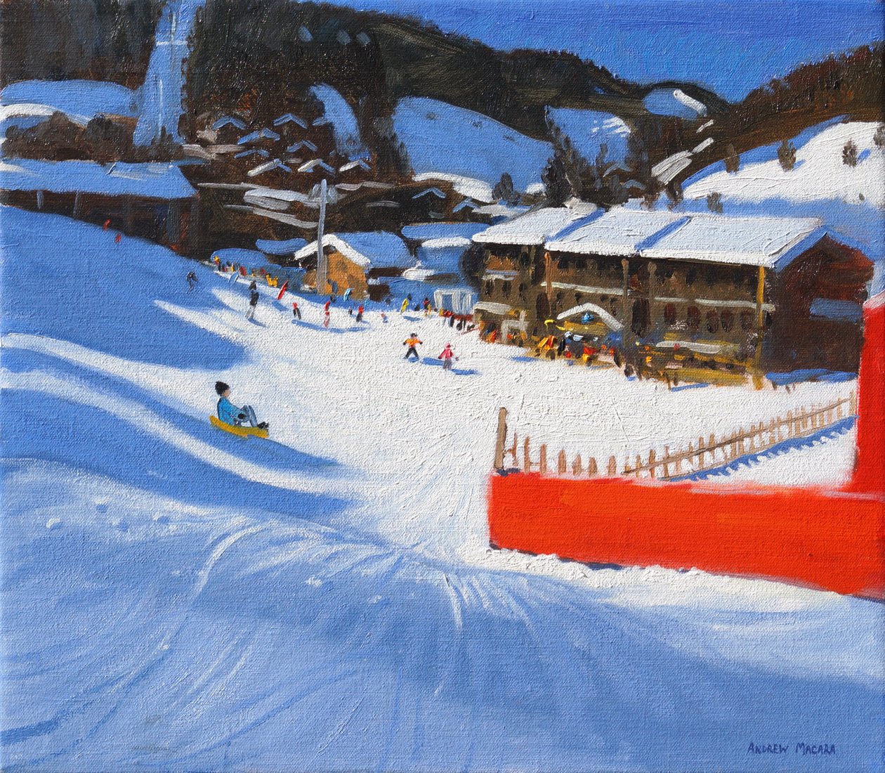Lyžování;La Clusaz, Francie, (olej na plátně) od Andrew Macara