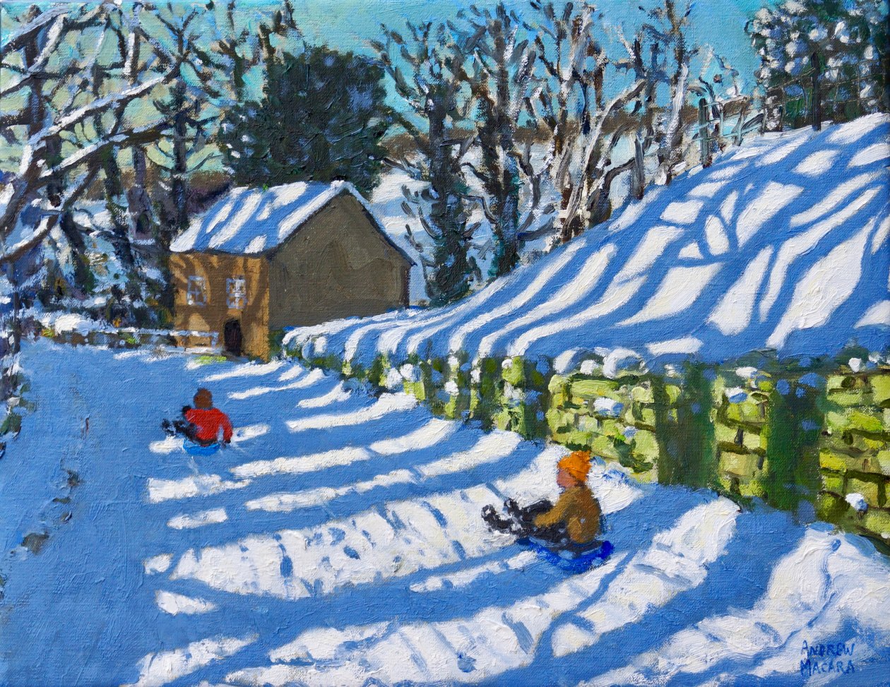 Sáňkování, Horní Hulme, Pórek, 2020, (olej na plátně) od Andrew Macara
