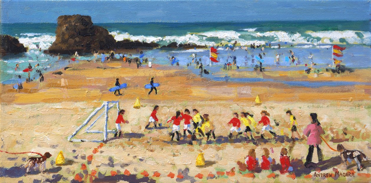 Sportovní den, Perranporth, 2017, (olej na plátně) od Andrew Macara
