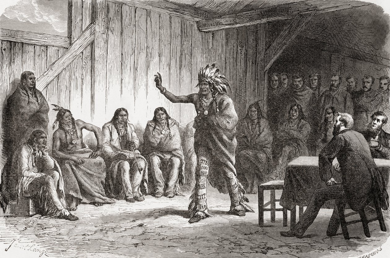 Vraní indický náčelník Medvědí zub na velké mírové radě ve Fort Laramie, 12. listopadu 1867, ilustrace z „Svět v rukou“, vyrytý Gauchardem, vydáno 1878 (rytina) od Ange Louis Janet