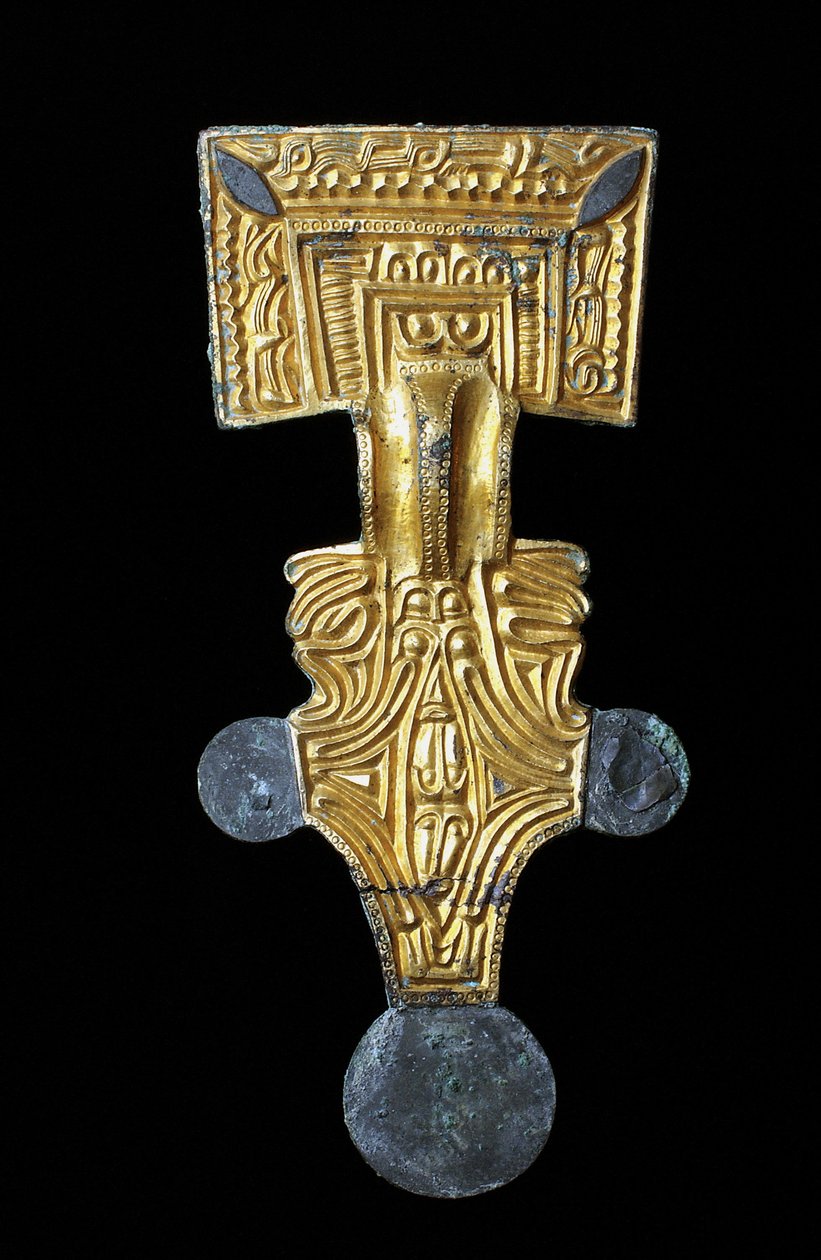 Dlouhá zlacená bronzová brož se čtvercovou hlavou (slitina mědi, zlato, zlaceno) od Anglo Saxon