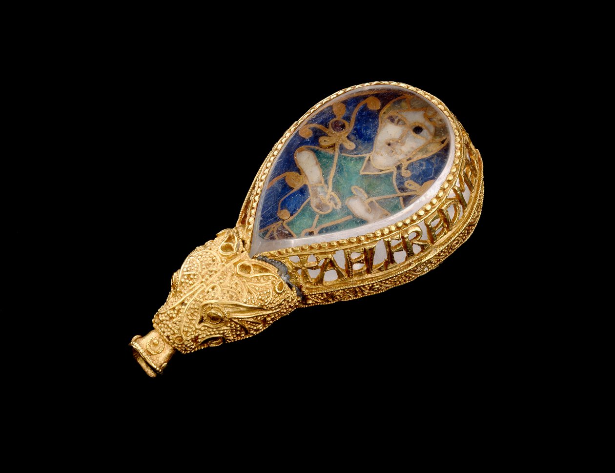 Alfred Jewel (zlato, křišťál a smalt) (boční pohled) od Anglo Saxon