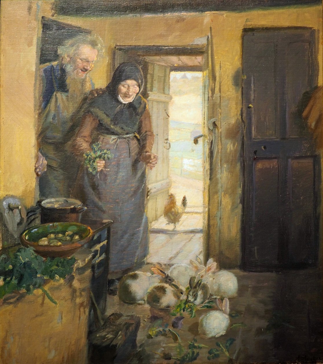 Starý pár se zajíci od Anna Ancher