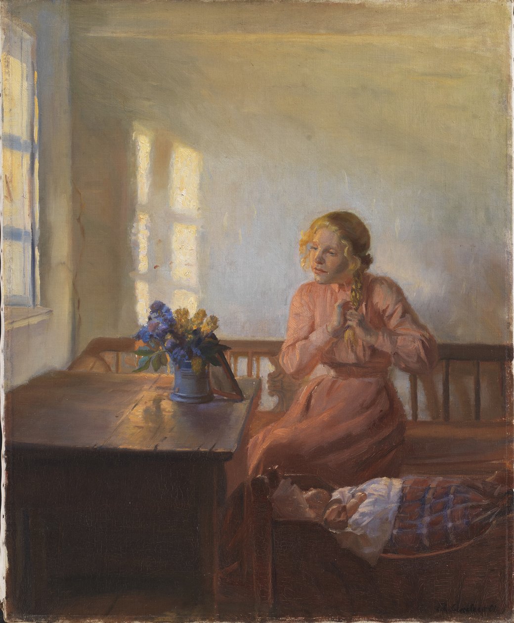 Mladá dívka splétání vlasů od Anna Ancher