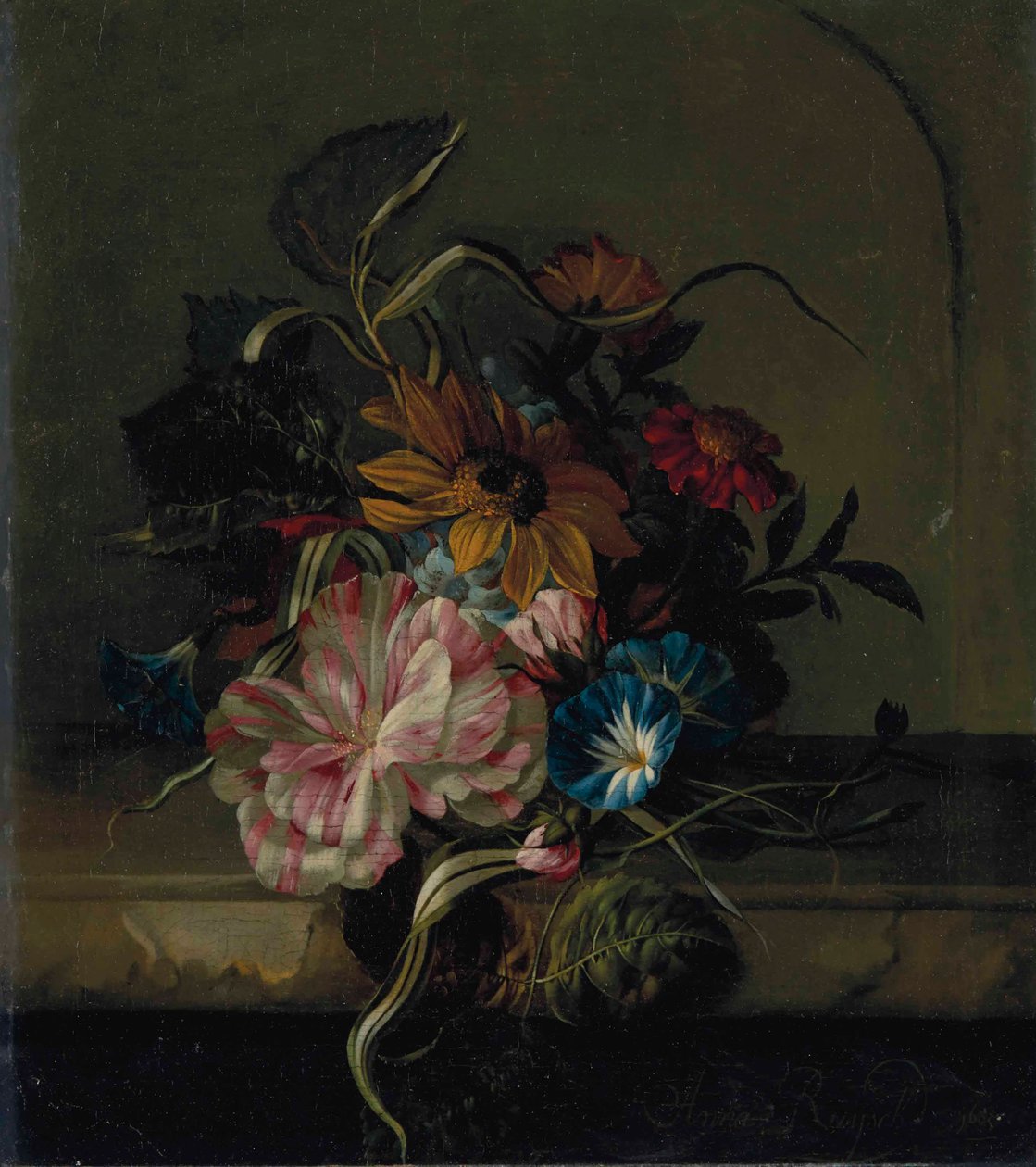Slunečnice, svazenka a dvoubarevný tulipán od Anna Elisabeth Ruysch