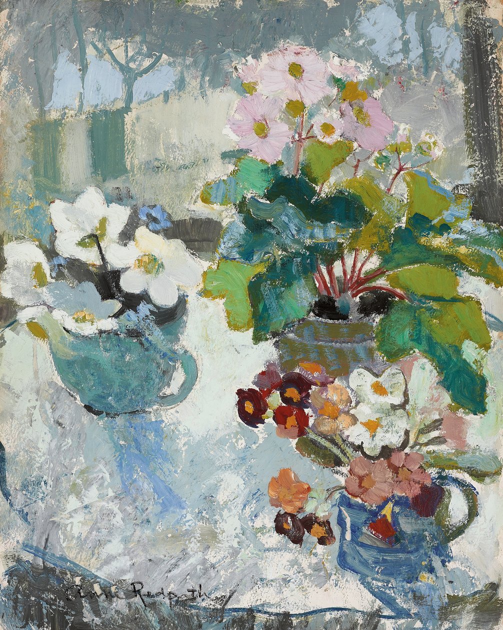 První květiny, c. 1947 (olej na palubě) od Anne Redpath