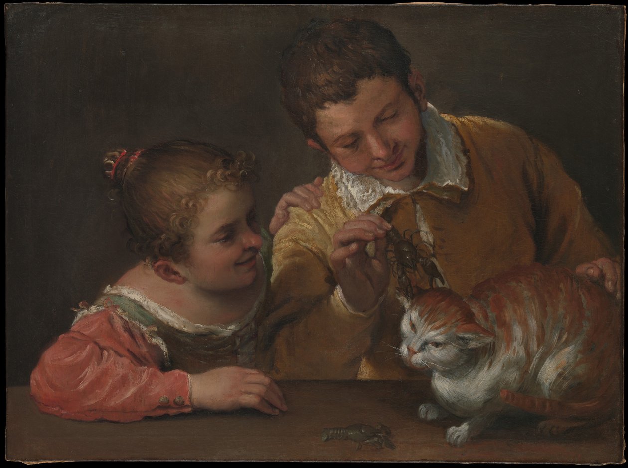 Dvě děti škádlí kočku od Annibale Carracci