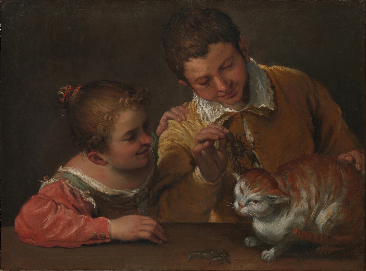 enDvě děti škádlí kočku od Annibale Carracci