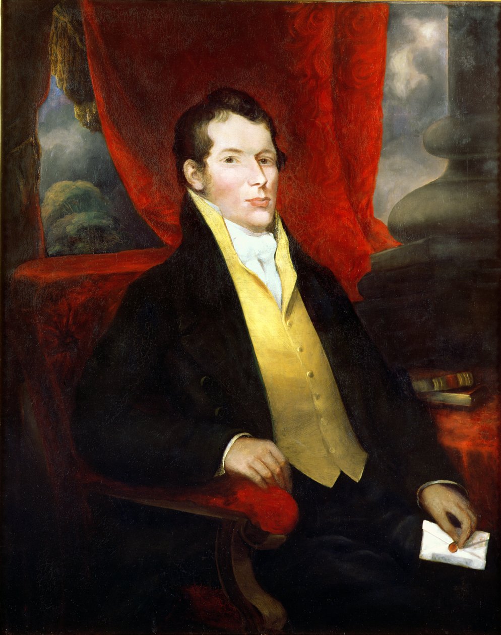 Portrét Johna Macarthura (1767-1834), spoluzakladatele australského vlněného průmyslu, vůdce „rumového povstání“ proti guvernérovi Williamu Blighovi, kolem roku 1820 od Unbekannt Unbekannt